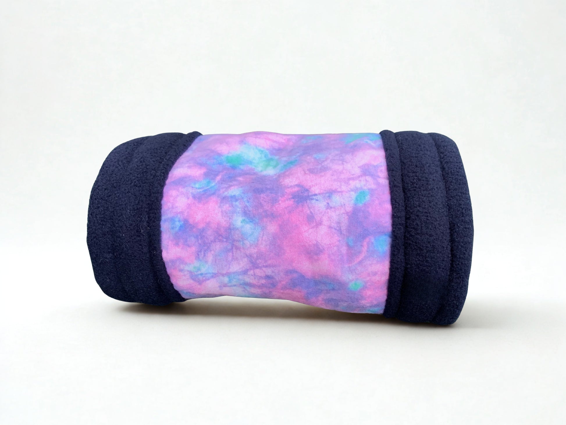 Small animal tunnel with internal navy blue fleece with a pink, purple and turquoise tie die print eternally